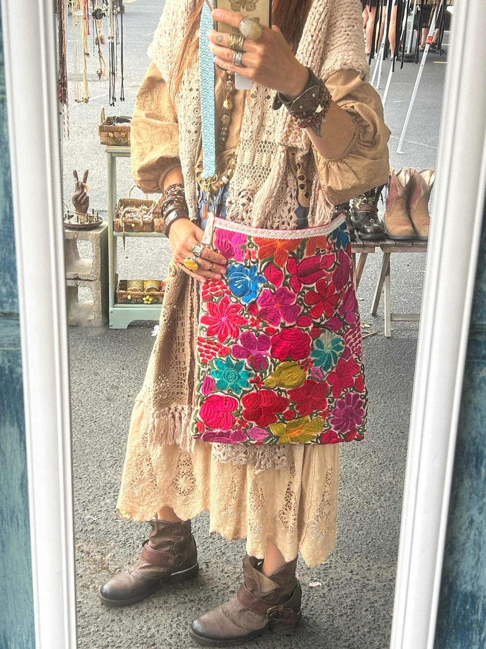 Upcycled vintage floral embroidery crossbody Gyspy boho crossbody bag